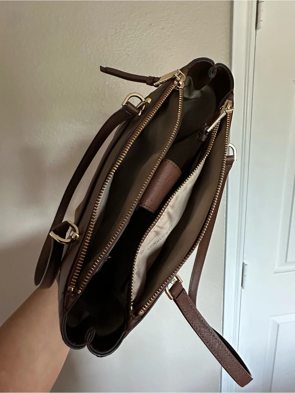 Calvin Klein Chocolate Brown Saffiano Shoulder Bag with Gold Hardware